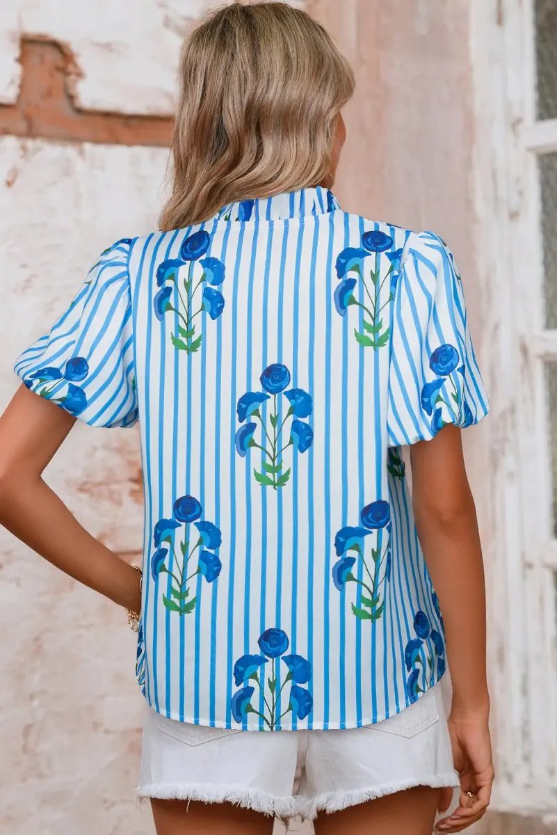 Sky Blue Stripe Floral Buttoned Frilly Notched Neck Puff Sleeve Summer Blouse - Love Salve